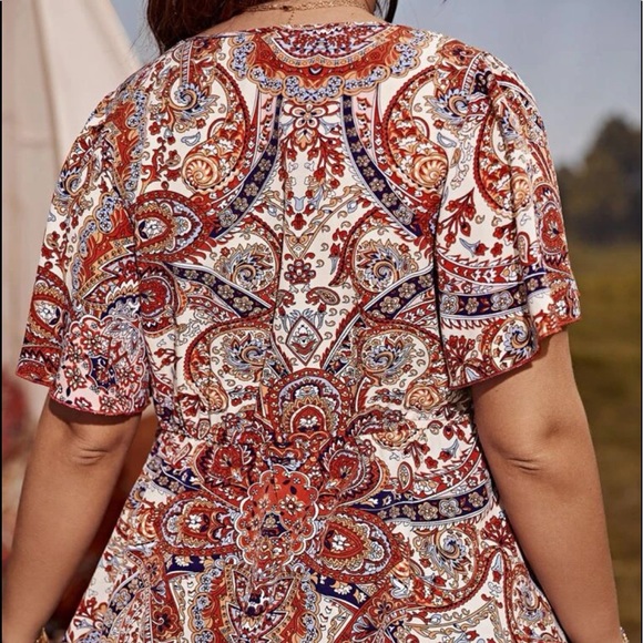 Boho Plus Size Floral Paisley Print V neck Butterfly Sleeve Tassel Top Blouse - Picture 4 of 7